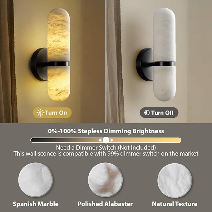 Alabaster Wall Sconces, 13" Black Wall Sconce, Modern Bathroom Sconces Lighting, Black Spanish Natural Marble Sconce for Living Room, Bedroom, Stairs, Hallway 2PC