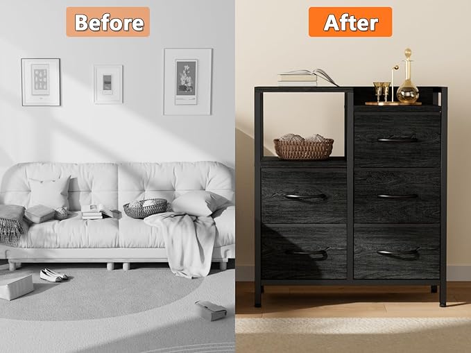 Furnulem 5 Drawer Black Dressers for Bedroom 2 Tier Shelf Storage Small Fabric Dresser for Closet Sturdy Metal Frame Modern Style Storage Cabinets Organization Units for Hallway Rooms