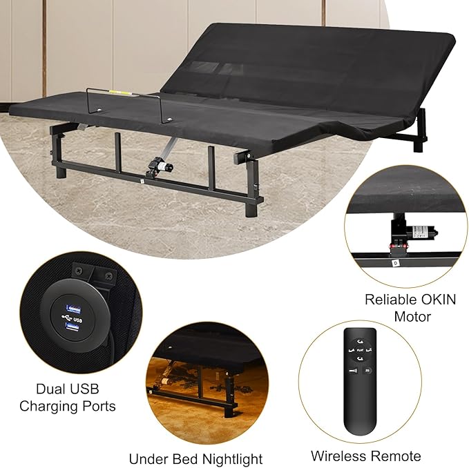 Queen Size Adjustable Bed Frame with Wireless Remote, Ergonomic Electric Adjustable Bed Base with Quiet Motor, USB Ports&Underbed Nightlight, Head and Foot Incline, Zero Gravity Bed, Easy Assembly