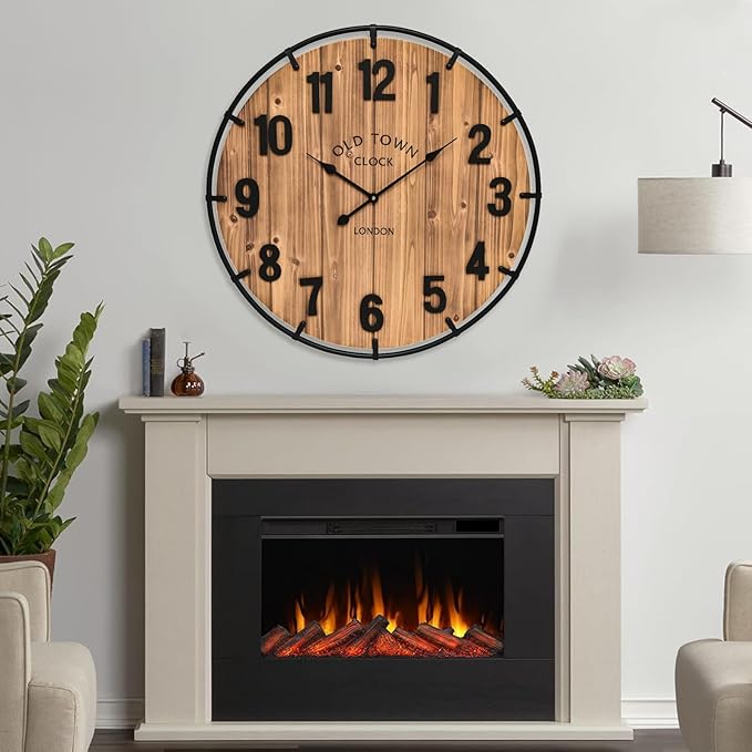 24 Inch Farmhouse Wall Clock Large Old Town Vintage Rustic Wooden Clock with Metal Rim and Large Numerals, Silent Battery-Operated for Office, Kitchen, Bedroom, and Living Room