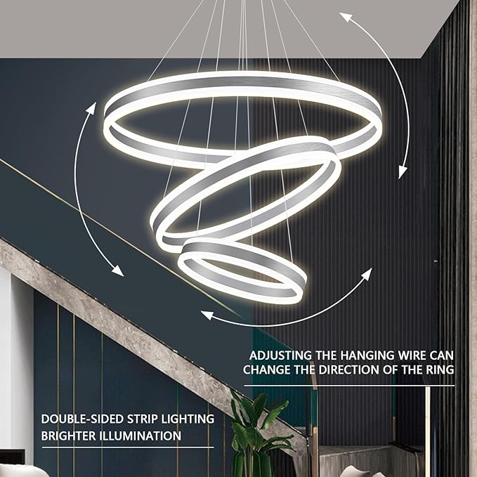 3 Ring D31.5 Modern LED Chandelier, Flush Mount Ceiling Lighting for Living Room, Adjustable Height Pendant Light for Staircase Foyer Dining Room Entryway Sliver