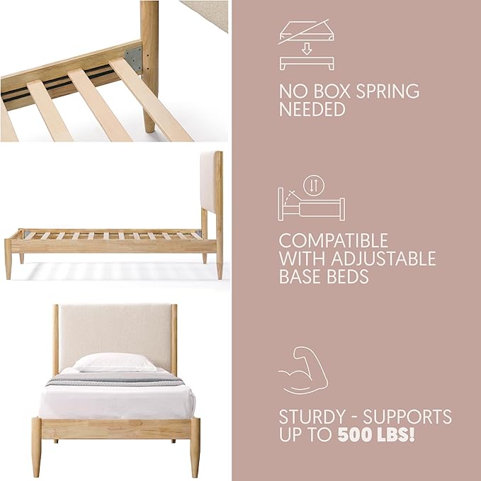 DG Casa Reign Boucle Mid-Century Modern Twin Size Wooden Platform Bed Frame - Upholstered in Taupe Boucle - Solid Wood with Natural Finish