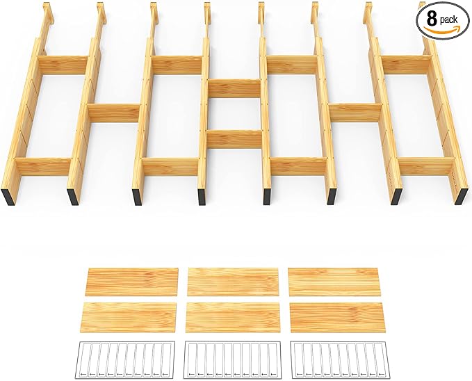 SpaceAid Bamboo Drawer Dividers with Inserts and Labels, Kitchen Adjustable Drawer Organizers, Expandable Organization for Home, Office, Dressers and Bathroom, 8 Dividers with 18 Inserts (17-22 in)