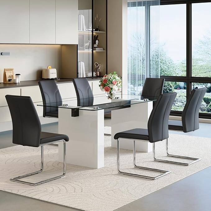 FURNITO Modern Dining Table Set for 6, Kitchen Table and Chairs for 6,71 in Glass Dining Table with 6 PU Leather Dining Chairs for Kitchen Dining Room（White Table+6 Black Chair）