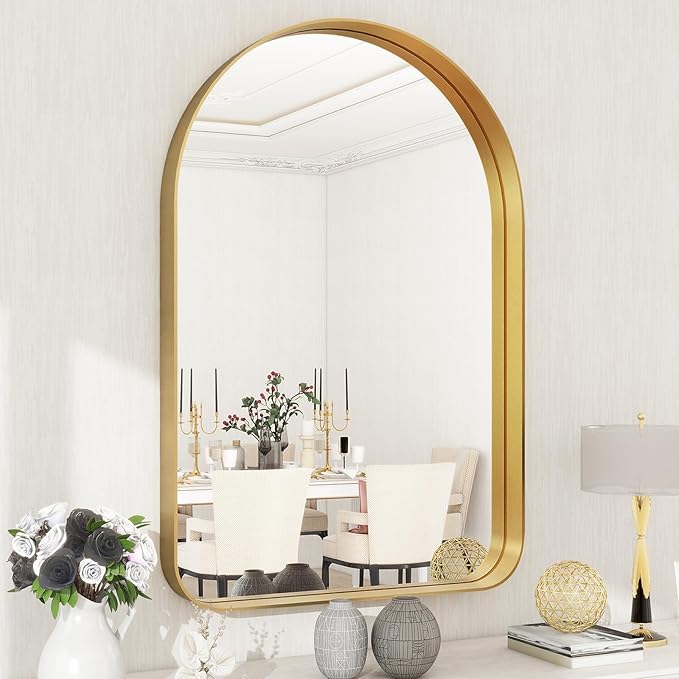Arched Bathroom Mirror - 38x26 Inch Gold Bathroom Mirror for Wall - Aluminum Alloy Framed Mirror - Arched Top Bathroom Vanity Mirror for Living Room, Bedroom, Mantel, Entryway, and Hallways