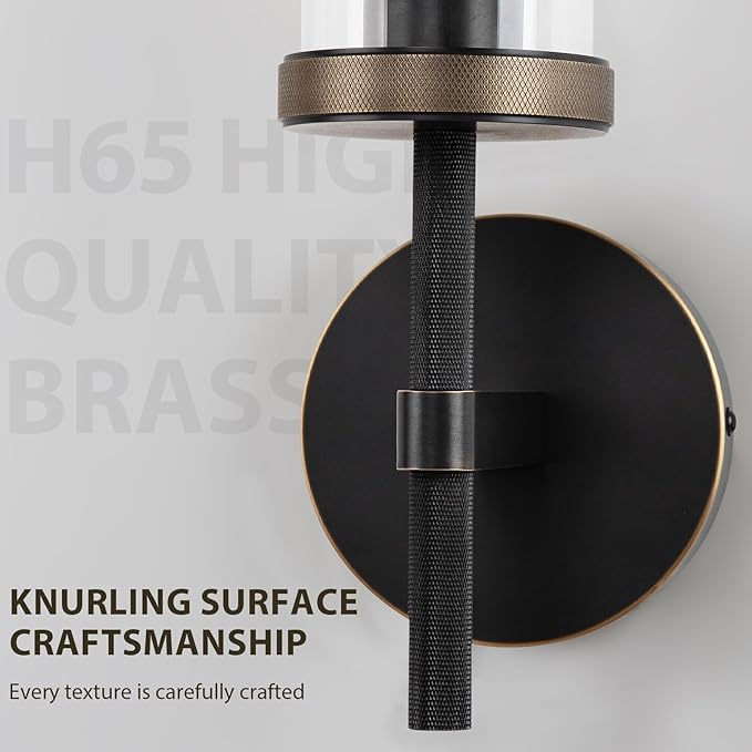 19.5" Knurled Brass Wall Sconce with Clear Glass Tube, Black Gold Bathroom Vanity Light Fixtures, Modern Lamp Lighting for Bedroom, Living Room, Hallway, Staircase, Mirror, Kitchen