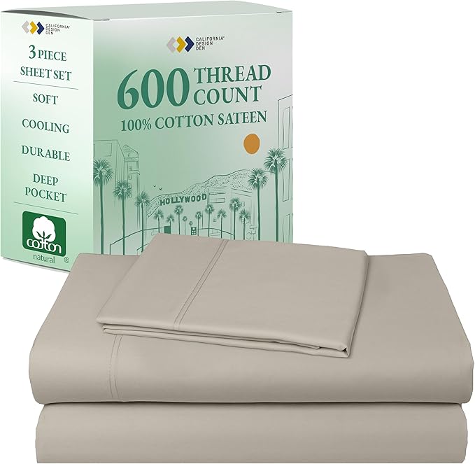 California Design Den Twin XL Sheets Set - Luxury 600 Thread Count Sateen, Natural 100% Cotton Bed Sheets Twin XL, Fully Elasticized Deep Pockets, Cool and Durable Bedding for Dorm Room - Soft Linen