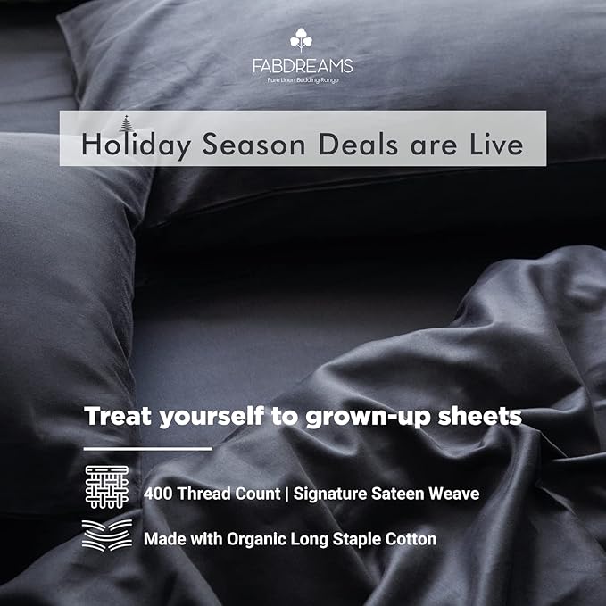 FABDREAMS 100% Organic Cotton Full Sheet Set | 400 Thread Count| Luxury Hotel Collection| GOTS Certified Premium Long Staple Cotton|Elasticised 17" Deep Pockets|Smoother than Egyptian Cotton|Dark Gray