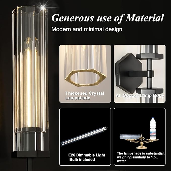 Black Crystal Wall Sconces Light for Bathroom Modern Bathroom Vanity Lights Fixture,28.5in Indoor Wall Sconce,Linear Crystal Sconces Wall Lighting for Bedroom,Hallway,Staircase,Living Room,Dining Room