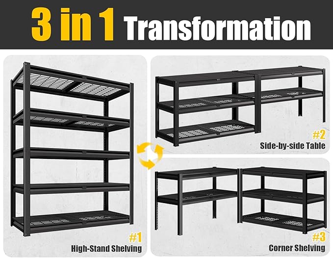 PrimeZone Heavy Duty Storage Shelves - 48" W X 18" D X 72" H Adjustable Garage Wire Shelving Unit, 5 Tier Industrial Metal Shelf Standing Utility Rack for Warehouse, Pantry, Basement, Black, 2 Pack