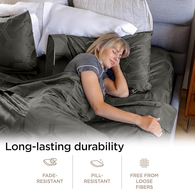 Threadmill 100% Cotton Sheets for King Size Bed - 600 Thread Count King Bed Sheets Set with 16” Deep Pocket - Jacquard Sateen Weave 4-Piece Bedding Set with Cooling Effect, Dark Grey