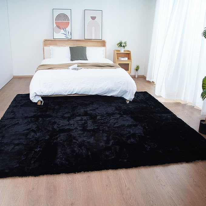 Ghouse Black Faux Rabbit Fur Area Rug 6x9 Machine Washable Area Rugs for Bedroom Fluffy Rugs for Living Room No-Shedding Carpet Sheepskin Rug