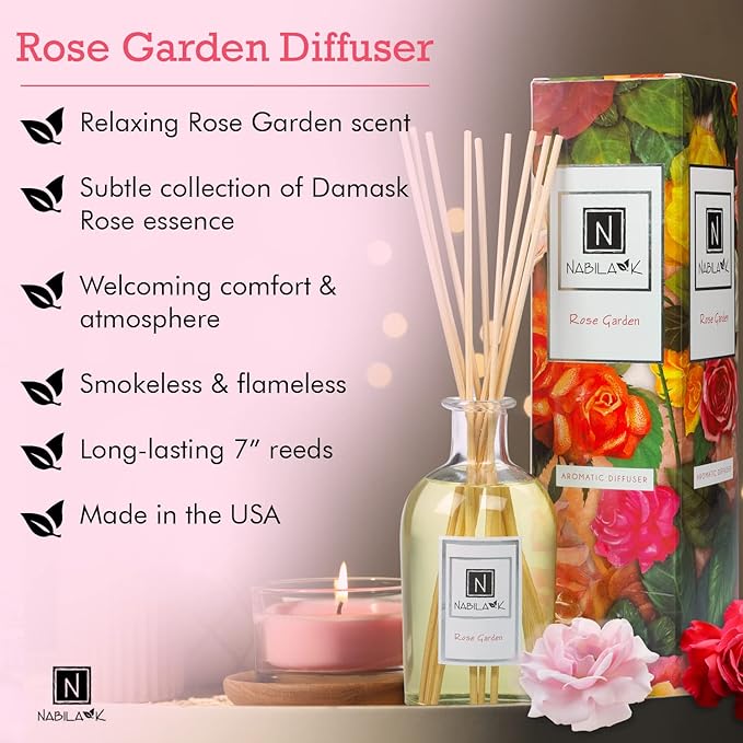 Nabila K Rose Garden Reed Diffuser Set – Damask Rose Aromatic Oil for Home – Long-Lasting, Smokeless Scent – Made in USA – Includes Reeds + Bottle – Flameless Candle Alternative