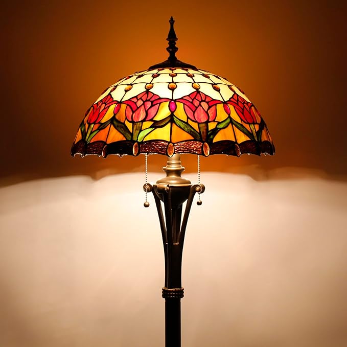Tiffany Floor Lamp Red Amber Stained Glass Tulip Flower Standing Reading Light 16X16X70 Inches Antique Pole Corner Lamp Decor Bedroom Office Living Room