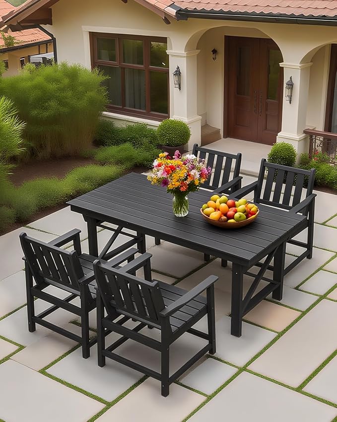 QUASCO 5-Piece Patio Dining Table Sets, All Weather Outdoor HDPE Dining Furniture Set with Umbrella Hole Table and 4 Chairs for Lawn, Garden, Poolside, Backyard, Black