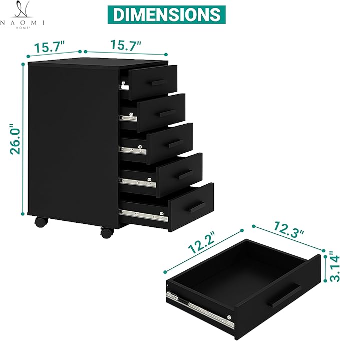 Naomi Home 5-Drawer Under Desk Rolling Storage Cart - Mobile Organizer with Lockable Casters, Black Engineered Wood for Office Dorm Apartment, Scratch-Resistant 15.7 x 15.7 x 26 Inches