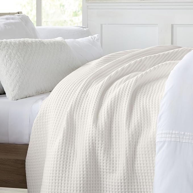 100% Cotton Waffle Weave Queen Bed Blanket | Soft, Breathable, and Lightweight Blanket for All-Seasons | Perfect for Layering | Brielle Collection (Full/Queen, Ivory)