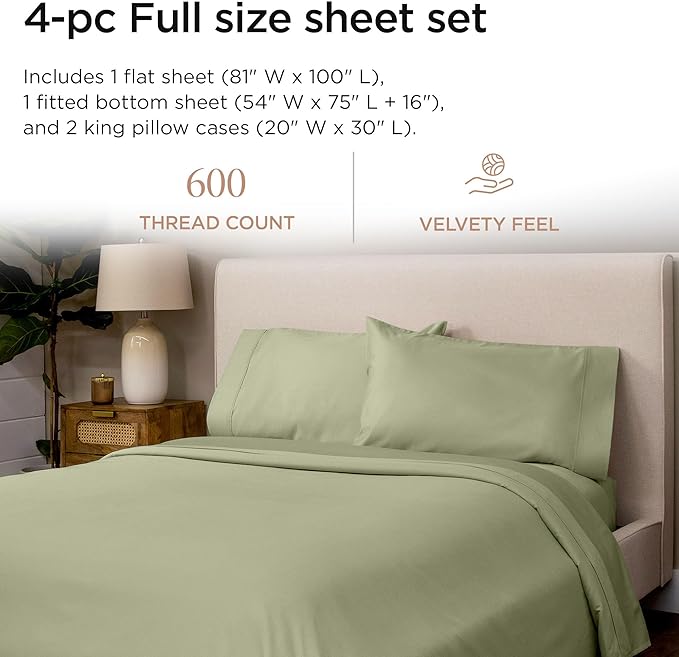 Threadmill 100% Cotton Sheets for Full Size Bed - 600 Thread Count Full Bed Sheets Set with 16” Deep Pocket - Sateen Weave 4-Piece Bedding Set with Cooling Effect, Sage Green