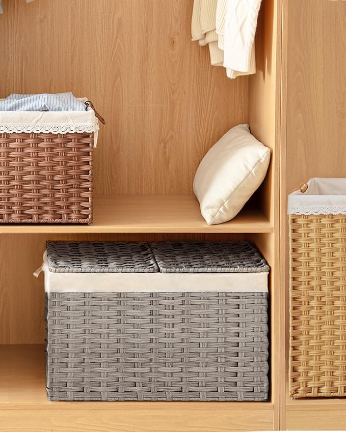 Storage Basket with Lid Wicker Baskets for Storage with 2 Separate Lid 42.3 Gallon (160 L) 29.9 x 17.3 x 18.1 Inches Rattan Woven Large Wicker Basket with 2 Liners for Bedroom Laundry Gray