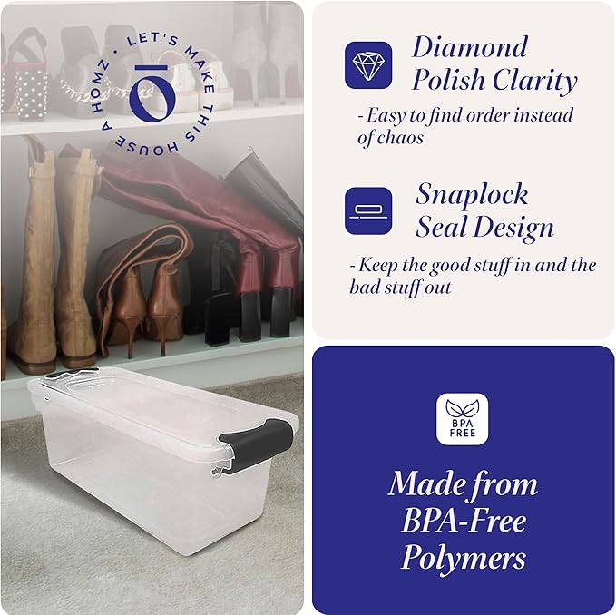 HOMZ 5-Pack Latching Lid, Clear Plastic Storage Organizer Bins, 7.5 Quart, Gray Latch - Stackable Organizing Containers for Home, Garage, and Office