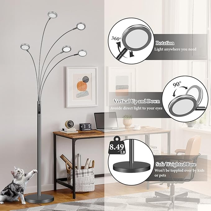 LED Arc Floor Lamp with Remote, 2250LM Dimmable Black Chrome Floor Lamp with Timer, Adjustable Colors, Brightness & 5 Adjustable Arms, Multi-Head Tall Tree Standing Lamp for Living Room Bedroom Office