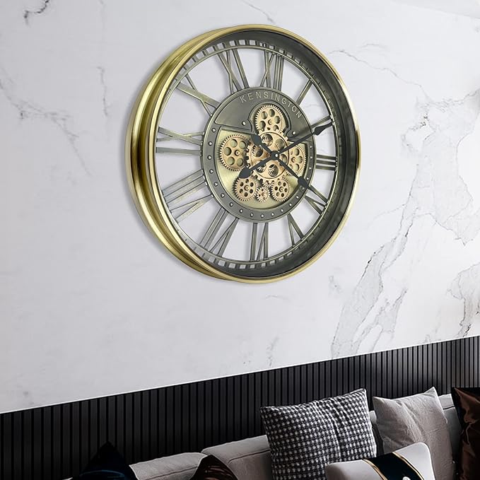 DORBOKER Real Moving Gears Wall Clock Large Modern Metal Clocks for Living Room Decor, Industrial Steampunk Unique Vintage Rustic Decorative Clock for Home Farmhouse Office, 21 Inch,Bronze Gold Roman