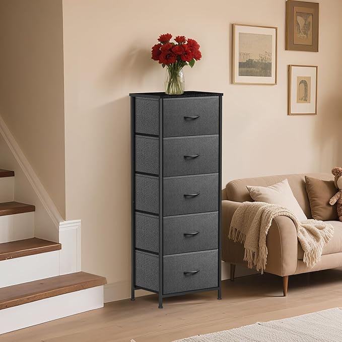 5 Fabric Drawer Dresser for Bedroom, Chest of Drawers with Waterproof Wood Top Tall Dresser for Hallway, Living Room, Kid Room (Grey and Charcoal Black)
