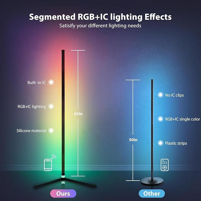 RGB Corner Floor Lamp, Bluetooth APP and Remote Control Music Sync LED Modern Floor Lamp for Living Room, Light Timing, 398 Dimmable Modes, 64.5" RGB Color Changing Mood Lighting
