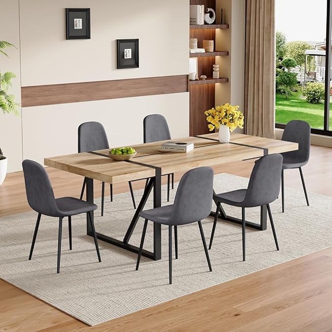 86.6" Dining Table Set for 6, Modern 7 Piece Wood Kitchen Table and Chairs Set, Rectangle Dining Room Table with 6 Linen Fabric Upholstered Chairs, Ideal for Apartment, Kitchen, Dining Room