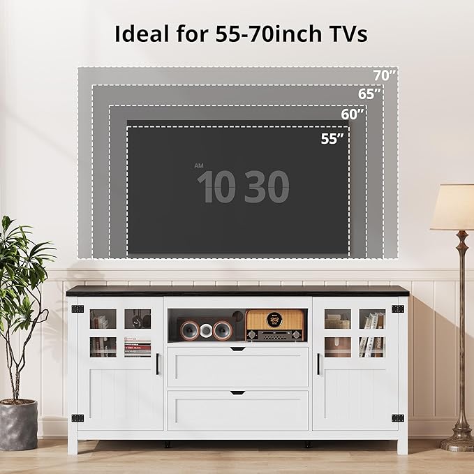 Farmhouse TV Stand with Storage, Entertainment Center TV Console for Living Room, Bedroom (Rustic White)