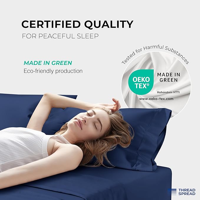 THREAD SPREAD 100% Egyptian Cotton Sheets California King Size - 1200 Thread Count 4 PC Calking Sheet Egyptian Cotton, Cooling Sateen Sheets, High Count Sheet California King - Navy Blue