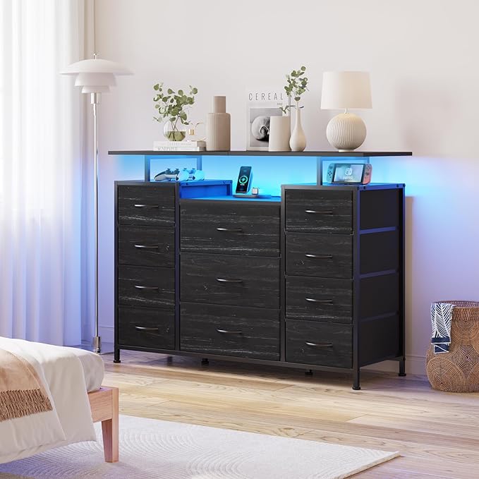 LUMTOK 11 Drawers Dresser with Fabric Drawers,Charging Station, LED Lights and Shelves for Bedroom,Hallway, Storage Organization (Black Wood Veins)