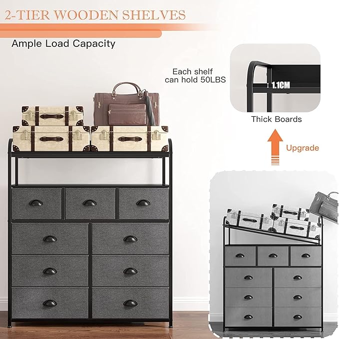 EnHomee Dresser for Bedroom with 9 Drawers, Dressers with 2 Open Shelves, Fabric Dressers & Chests of Drawers for Bedroom, Sturdy Metal Frame, Large Dresser, Black Grey