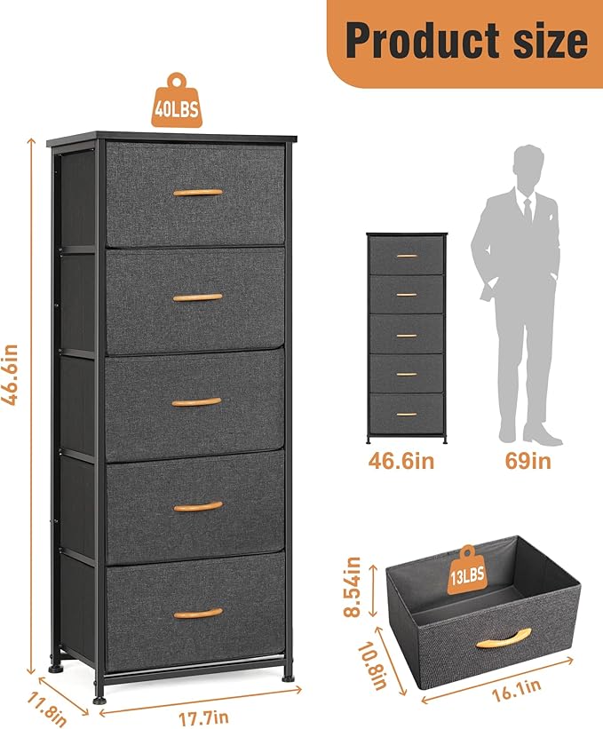 Dresser for Bedroom, Fabric Tall Dresser & Chests of Drawers with 5 Drawers, Vertical Organizer Storage Tower Unit for Bedroom, Hallway Grey