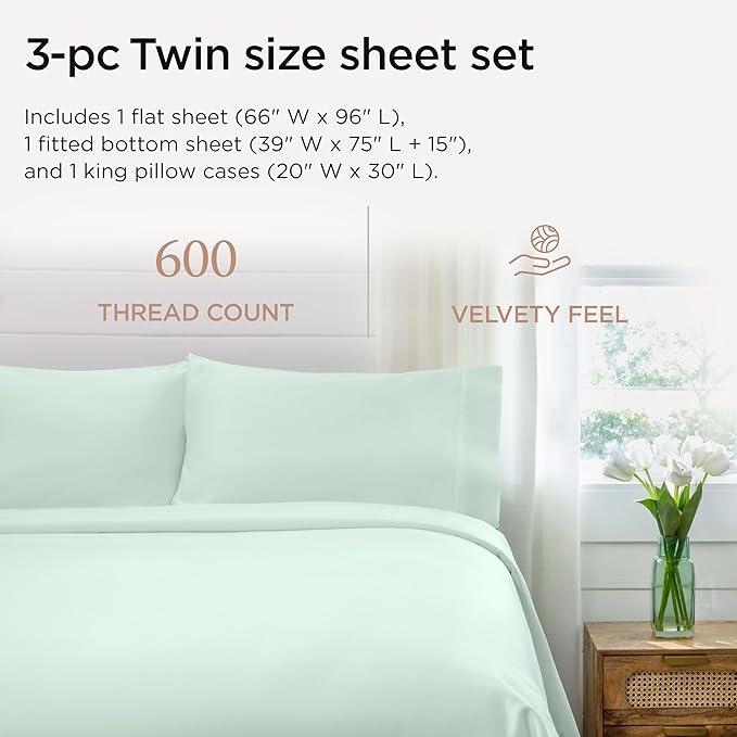 Threadmill Sheets for Twin Mattress | 600 Thread Count Twin Bed Sheets Set with 15” Deep Pocket | Sateen Weave 3-Piece Bedding Set with Cooling Effect | Seaglass
