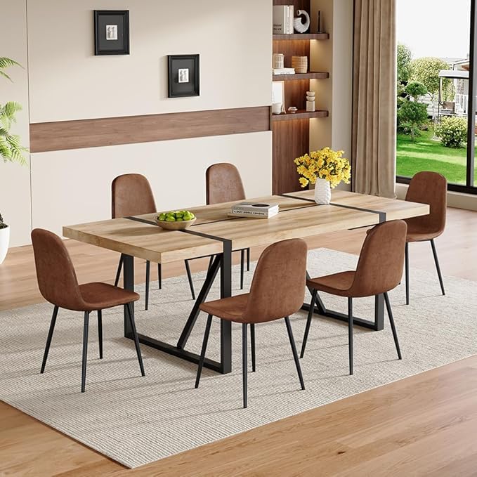 86.6" Dining Table Set for 6, Modern 7 Piece Wood Kitchen Table and Chairs Set, Rectangle Dining Room Table with 6 Upholstered Suede Chairs, Ideal for Apartment, Kitchen, Dining Room