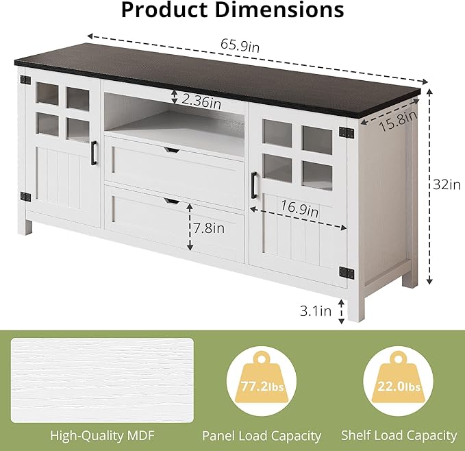 Farmhouse TV Stand with Storage, Entertainment Center TV Console for Living Room, Bedroom (Rustic White)