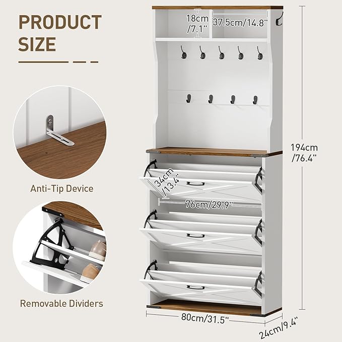 Farmhouse Tall Shoe Cabinet with Coat Rack, Narrow Hidden Shoe Storage Cabinet with 3 Flip Drawers, 2 in 1 Hall Tree with Hooks, Narrow Shoe Organizer for Entryway, Hallway, White and Walnut