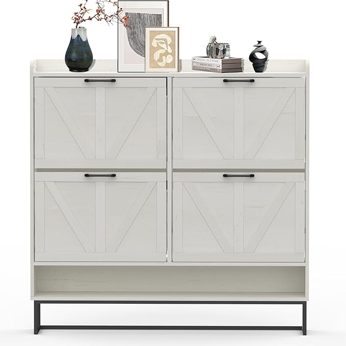 MISHAO Shoe Storage Cabinet with 4 Flip Drawers, Narrow Hidden Shoe Cabinet for Entryway, Freestanding Slim Shoe Rack Organizer with Metal Legs, Oak White