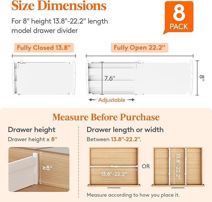 Lifewit 8 Pack Deep Drawer Dividers 8" High, 13.8-22.5" Adjustable Dresser Drawer Divider, Plastic Drawer Organizer for Clothes, Tall Drawers Separators for Dresser, Kitchen, Bedroom, Bathroom, Office