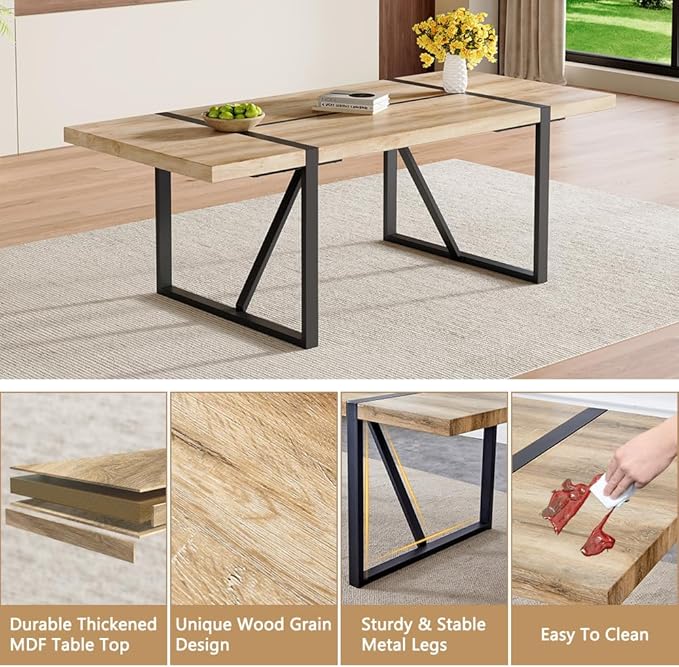 86.6" Dining Table Set for 6, Modern 7 Piece Wood Kitchen Table and Chairs Set, Rectangle Dining Room Table with 6 Linen Fabric Upholstered Chairs, Ideal for Apartment, Kitchen, Dining Room