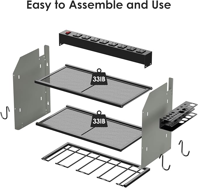 CCCEI Set Power Tool Organizer Wall Mount with Charging Station. Garage 4 Drill Storage Shelf with Hooks, Heavy Duty Metal Tool Battery Charger Organizer. Shop Utility Rack with Power Strip Grey.