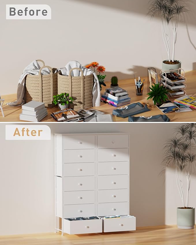 Tall Fabric Dresser for Bedroom, Vertical Storage Organizer Tower with 7 Drawers, Chest of Drawers with Bins, Steel Frame, Wood Top for Bedroom, Closet, Entryway White