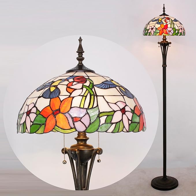 Tiffany Floor Lamp Amber Hummingbird Stained Glass Standing Reading Light 16X16X70 Inches Antique Pole Corner Lamp Decor Bedroom Office Living Room