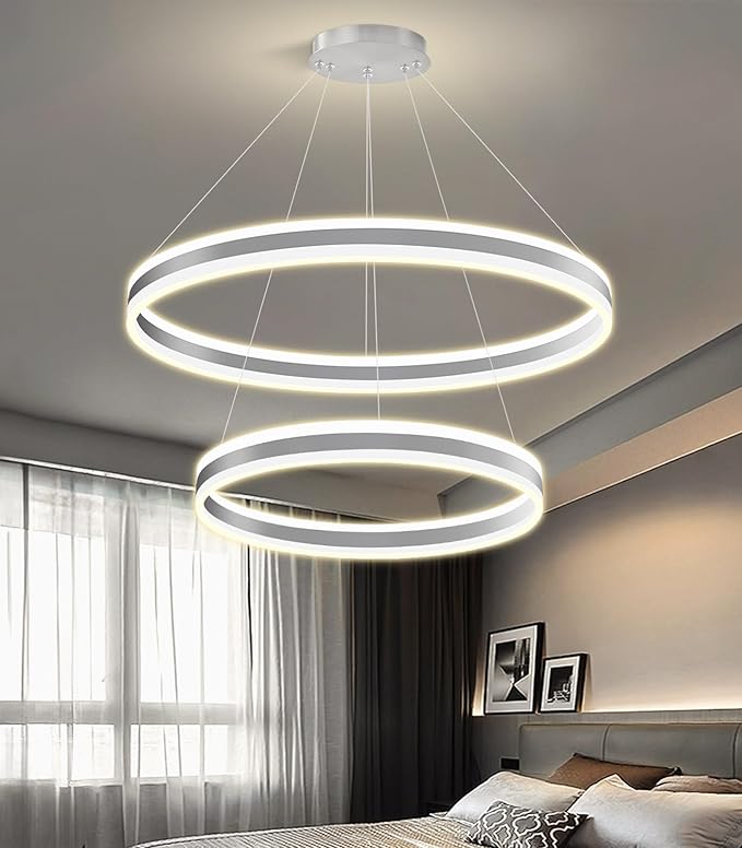 D23.6''+31.5'' Modern Ring Chandelier for Dining Room LED Dimmable Pendant Lighting High Ceiling Chandelier for Living Room Foyer Bedroom Entryway 3000K-6000K Silver