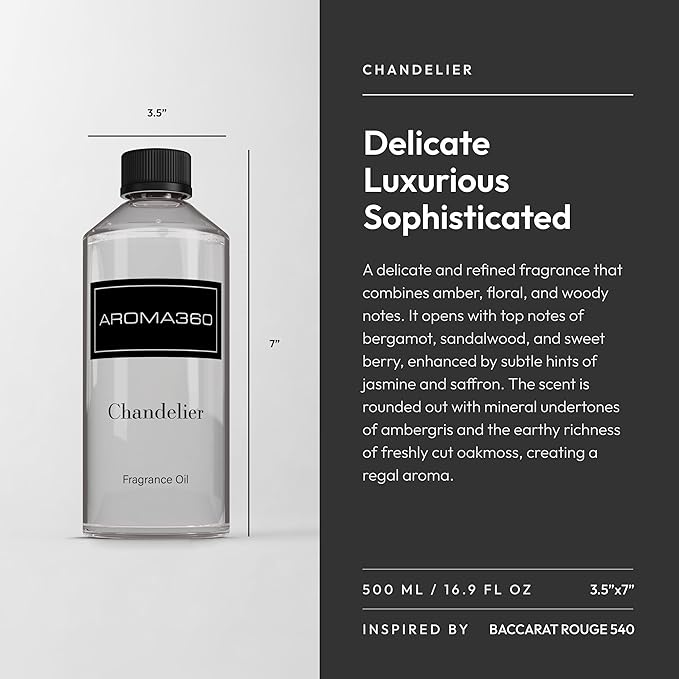 Aroma360 - Chandelier Fragrance Oil Blend | Hotel Inspired for Luxury Essential Oil Diffusers | Aromatherapy Scent Diffuser Oil | Bergamot, Woodsy Sandalwood, and Flirtatious Saffron - 500ML