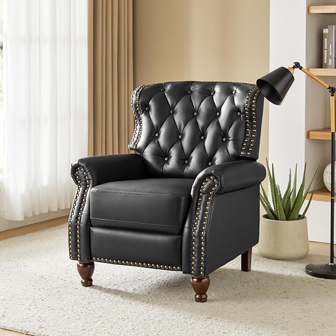 HULALA HOME Genuine Leather Recliner Chair Set of 2 w/Solid Wood Feet, Modern Adjustable Tufted Push Back Arm Chair w/Rivet Decoration, Home Theater Seating Reclining Sofa for Living Room, Black