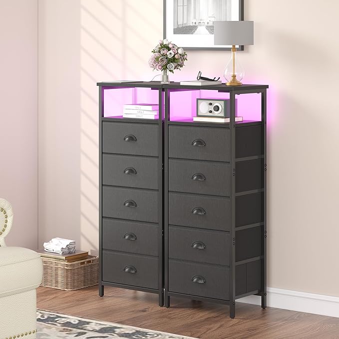 Nightstand with Charging Station,LED Black Nightstands with 5 Fabric Drawers PU Finish, Bedside End Tables, 2-Tier Open Storage Shelf Side Table Nightstand with Drawers for Bedroom, Black