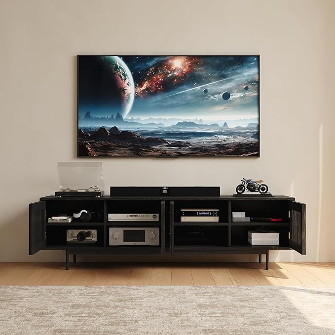 POVISON Mid-Century Modern TV Stand with Slatted Doors, Fully Assembled 78.74" Wood Media Console, TV Console with Tall-cast Metal Legs, Entertainment Center with Storage for Living Room