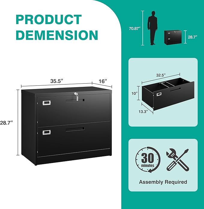 SISESOL 2 Drawer Lateral File Cabinet with Lock,Black Lateral Filing Cabinet,Horizontal Metal Filing Cabinet,Locked Wide Two Drawer File Cabinet for Office Home,Fit A4/F4/Letter/Legal File